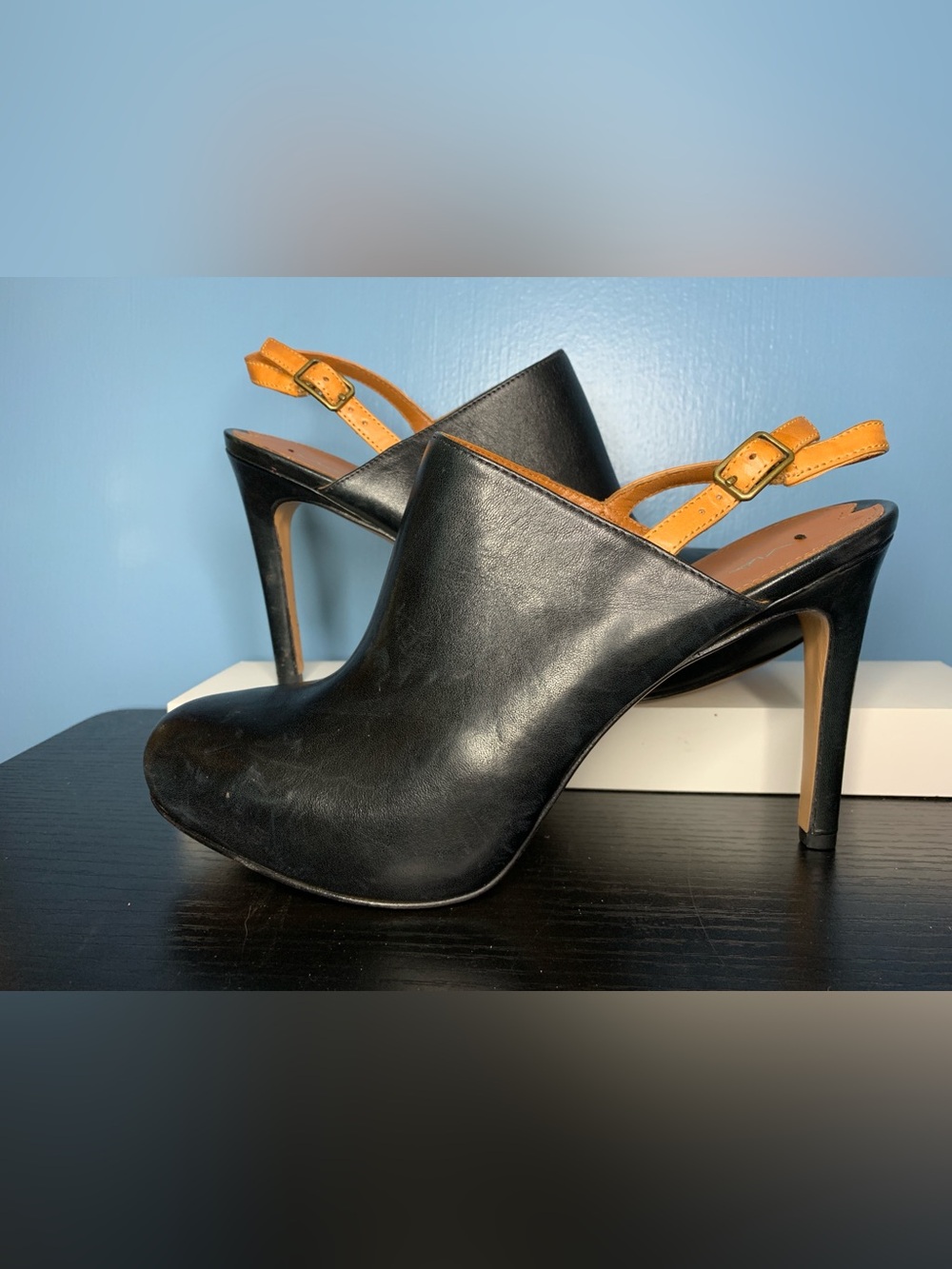 Via Spiga Black Leather Slingback Mules with Tan Straps